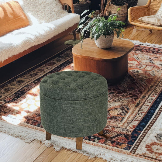 Green Clover Upholstered Round Tufted Ottoman Storage-1