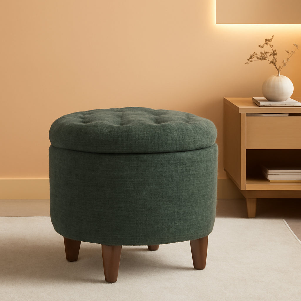 Green Clover Upholstered Round Tufted Ottoman Storage-0
