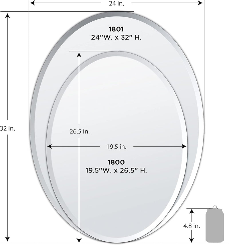 Bathroom Wall Mirror 32 Inch High 24 Inch Wide Beveled Frameless Oval For Bath Vanity And Living Room-2