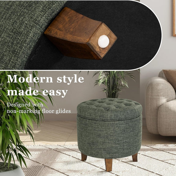 Green Clover Upholstered Round Tufted Ottoman Storage-4