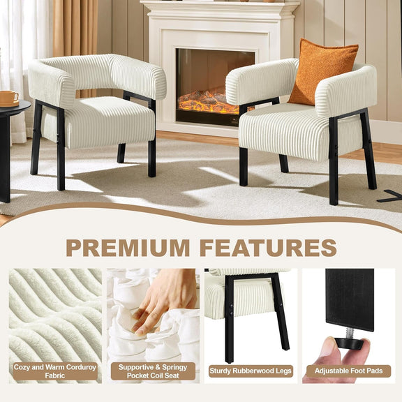 Beige Corduroy Barrel Chair With Pocket Coil Support-2